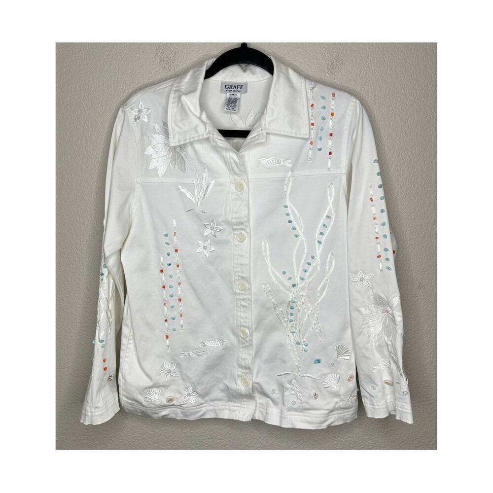 VTG Graff Jacket Women M White Green Embroidered Beaded Shells Button Up Shacket